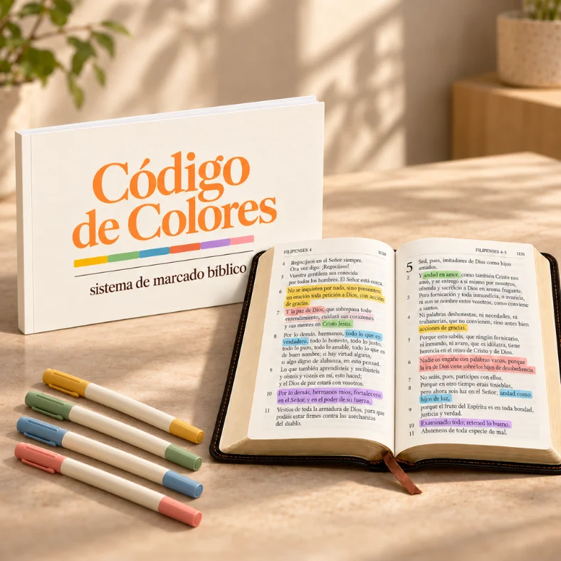 Código de Colores: sistema de marcado bíblico, junto a una Biblia abierta con versículos destacados y marcadores de colores.